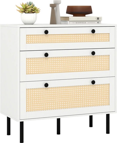 Costway 3-Drawer Rattan Boho Nightstand Bedroom Dresser 93104517 New