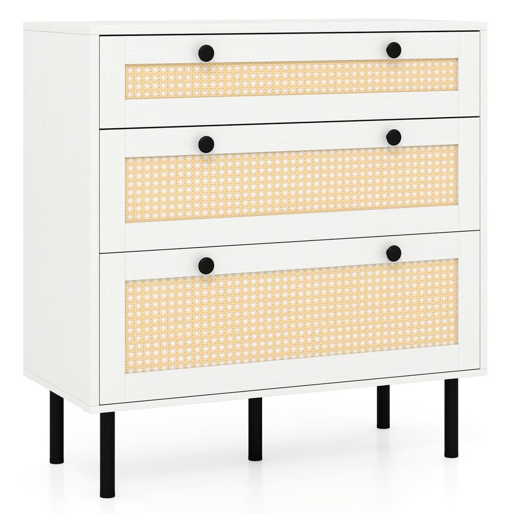 3-drawer rattan nightstand with white finish and black knobs, perfect for stylish bedroom organization and decor.