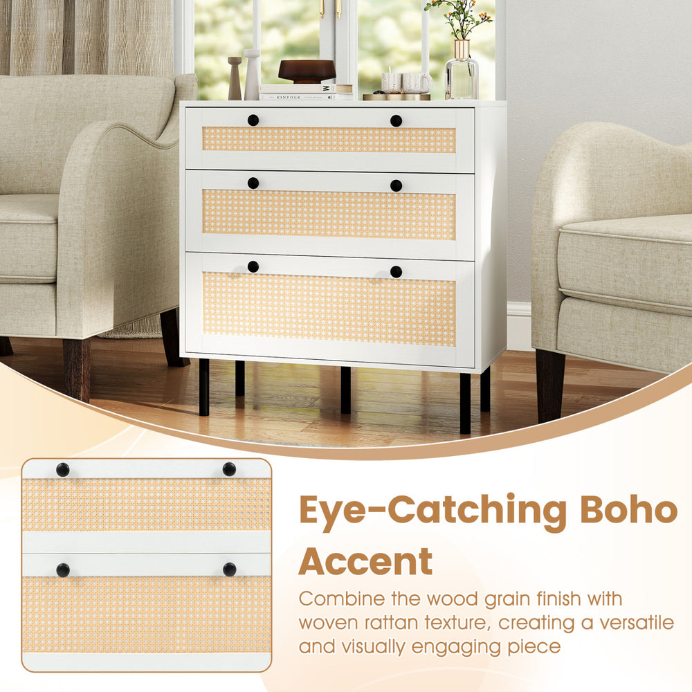 3-drawer rattan nightstand in white with wood grain finish, ideal for bedroom storage and decoration display.