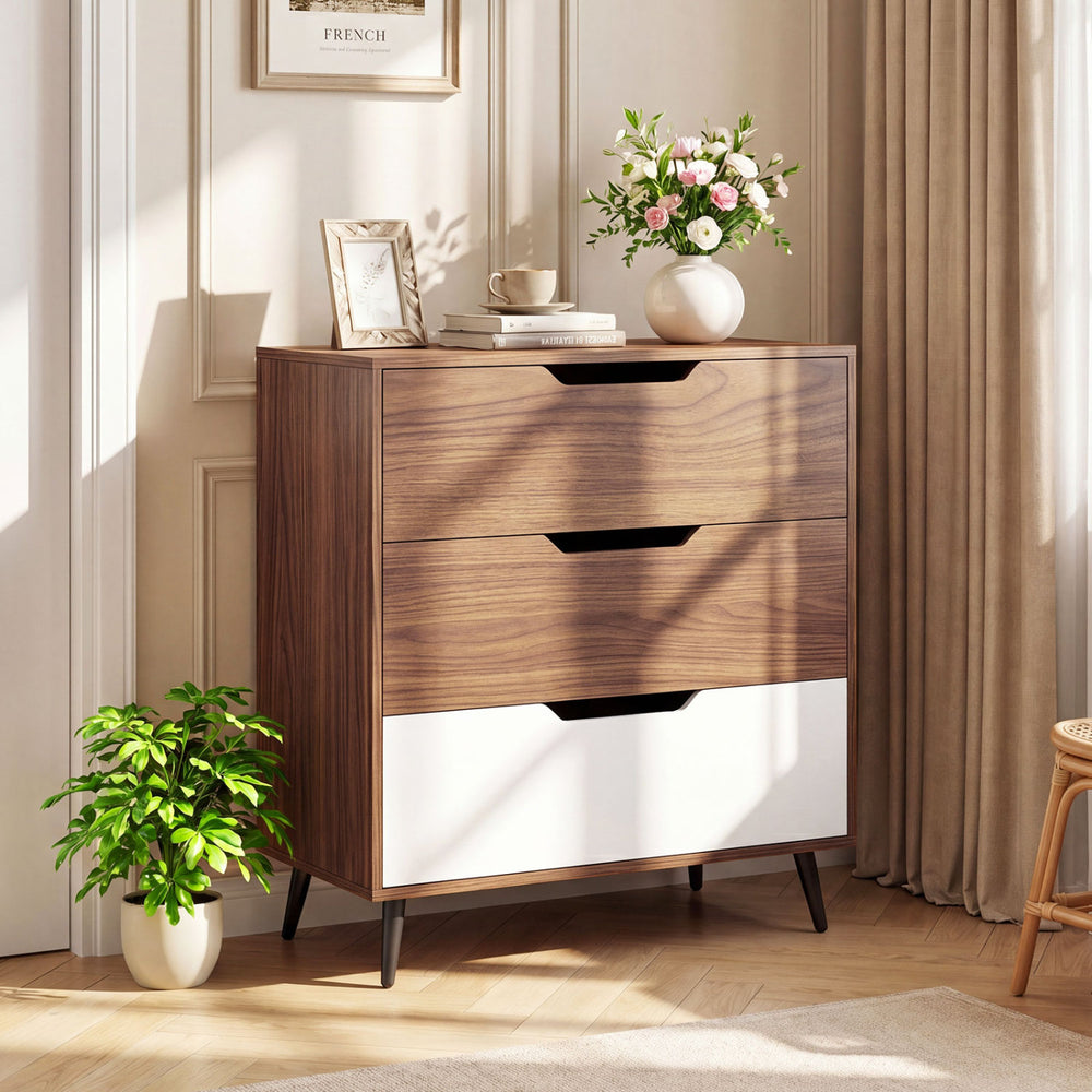 Three-drawer rustic farmhouse wooden storage dresser in walnut with a white front, ideal for living room or bedroom decor.