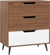 Three-drawer rustic farmhouse wooden storage dresser in walnut with metal legs, ideal for living room or bedroom use.