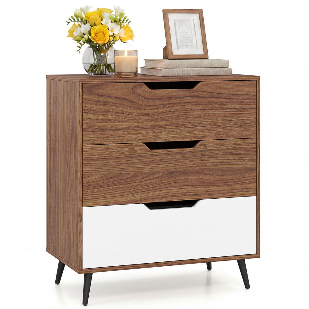 Three-drawer rustic farmhouse wooden storage dresser in walnut finish with metal legs, perfect for living room or bedroom decor.