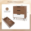3-drawer rustic farmhouse wooden storage dresser in walnut with a wide top for display and metal legs for stability.