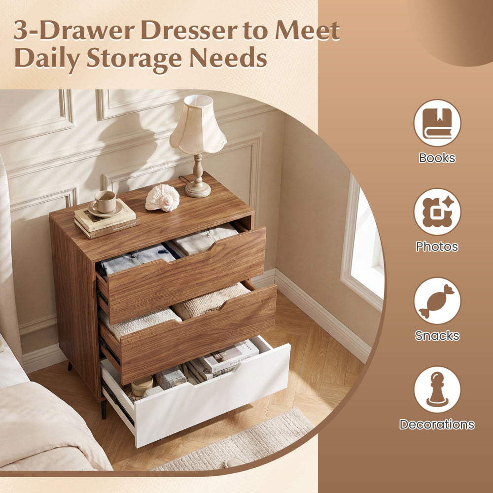 Rustic farmhouse 3-drawer wooden storage dresser in walnut finish, ideal for organizing items in living room or bedroom.