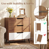 3-drawer rustic farmhouse wooden storage dresser in walnut with metal legs and anti-toppling devices for safety and stability.