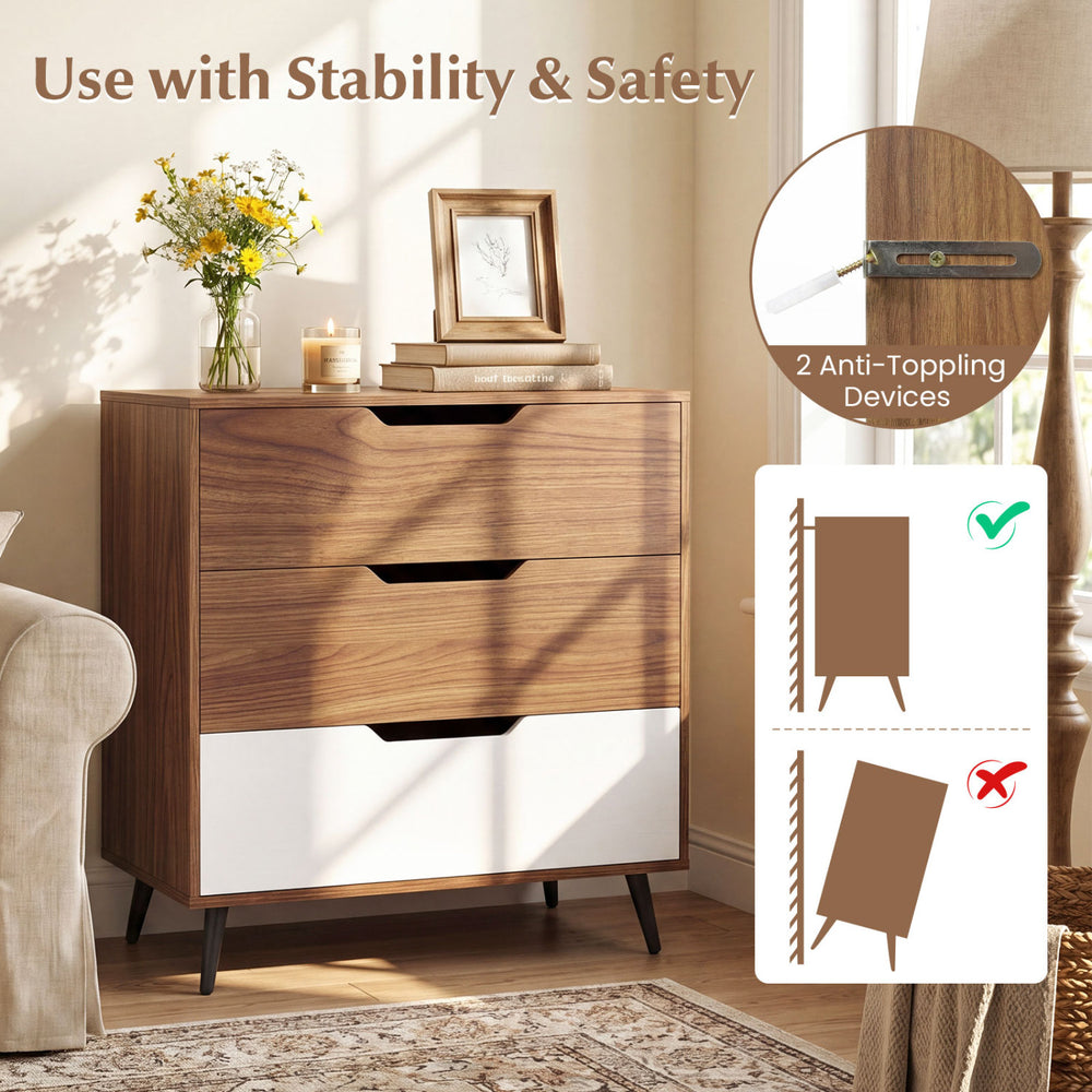 3-drawer rustic farmhouse wooden storage dresser in walnut with metal legs and anti-toppling devices for safety and stability.