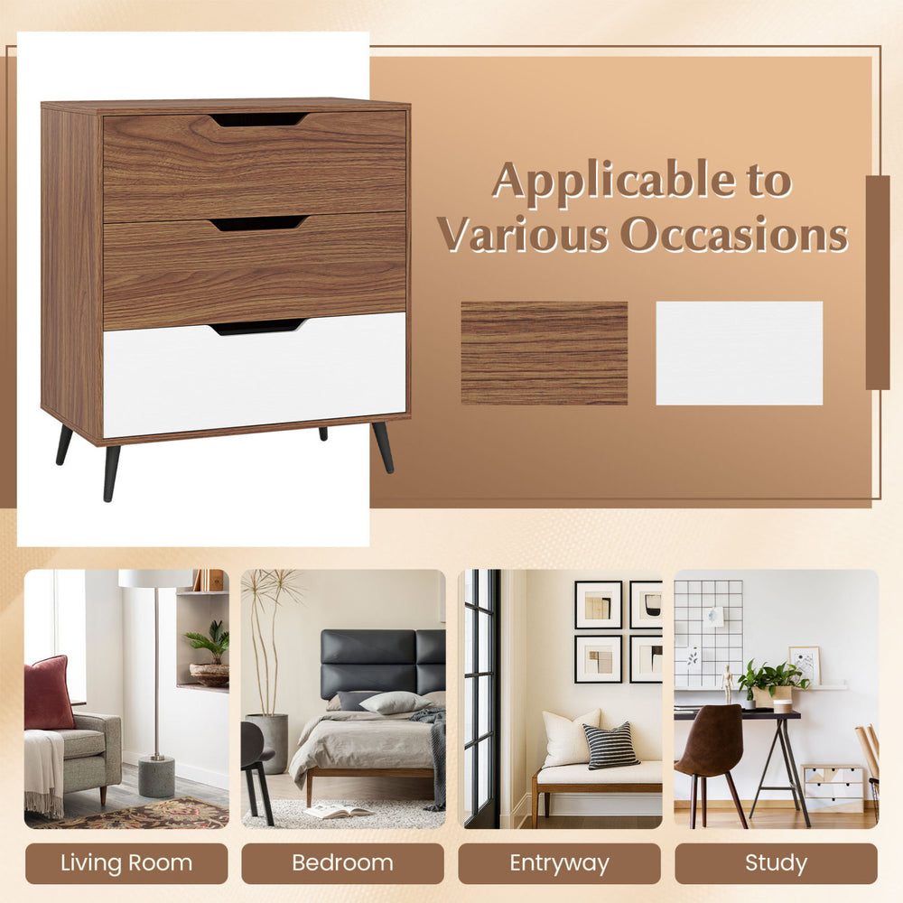 Rustic farmhouse 3-drawer wooden storage dresser in walnut finish, perfect for living room or bedroom decor.