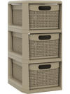 Three-drawer storage organizer in black with wicker patterns, perfect for cosmetics and office supplies, featuring dual.