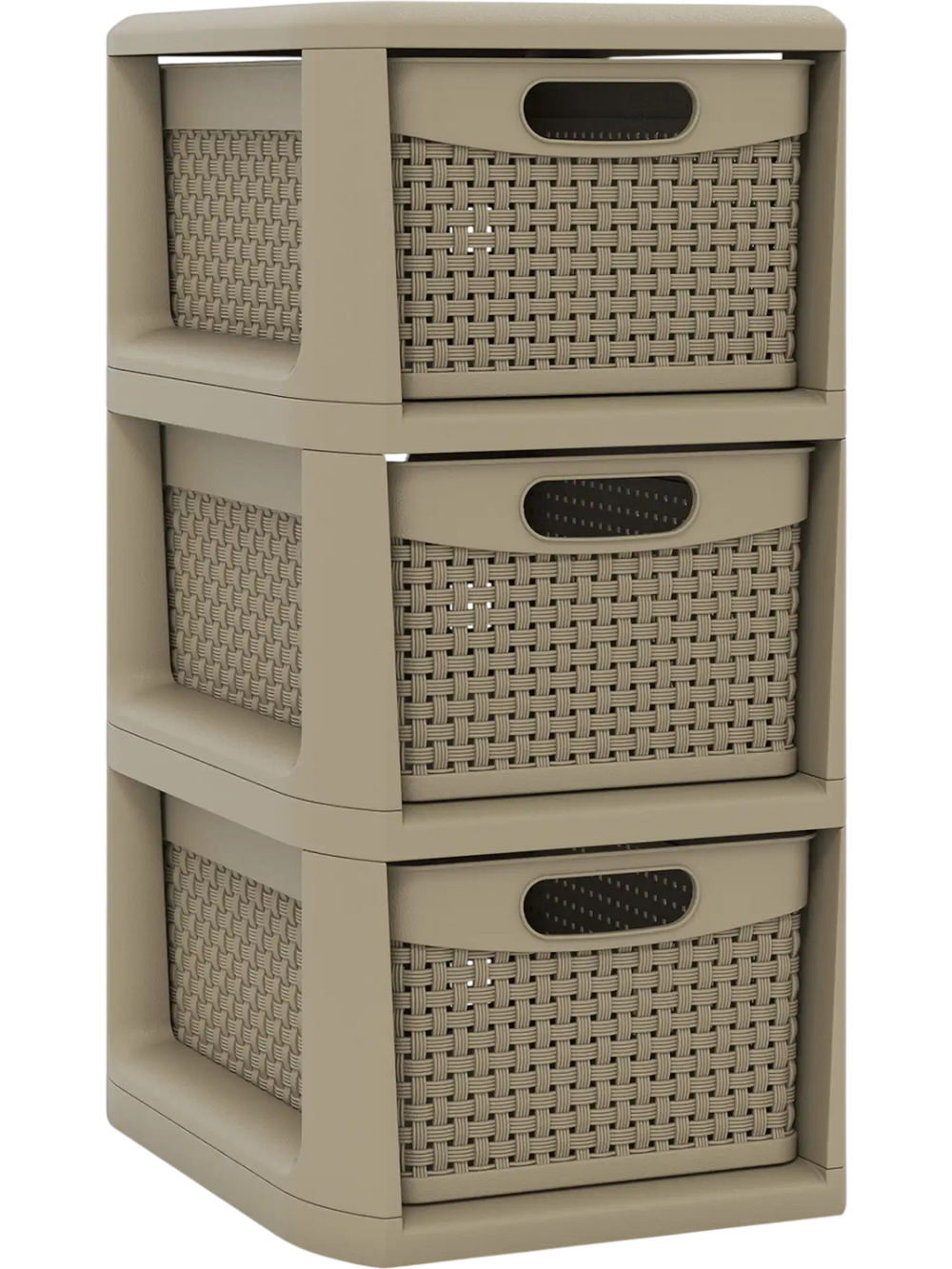 Three-drawer storage organizer in black with wicker patterns, perfect for cosmetics and office supplies, featuring dual.