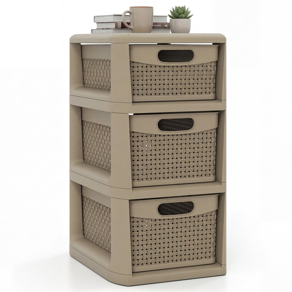 3-drawer storage organizer in black with wicker-pattern drawers, ideal for cosmetics and office supplies on countertops.