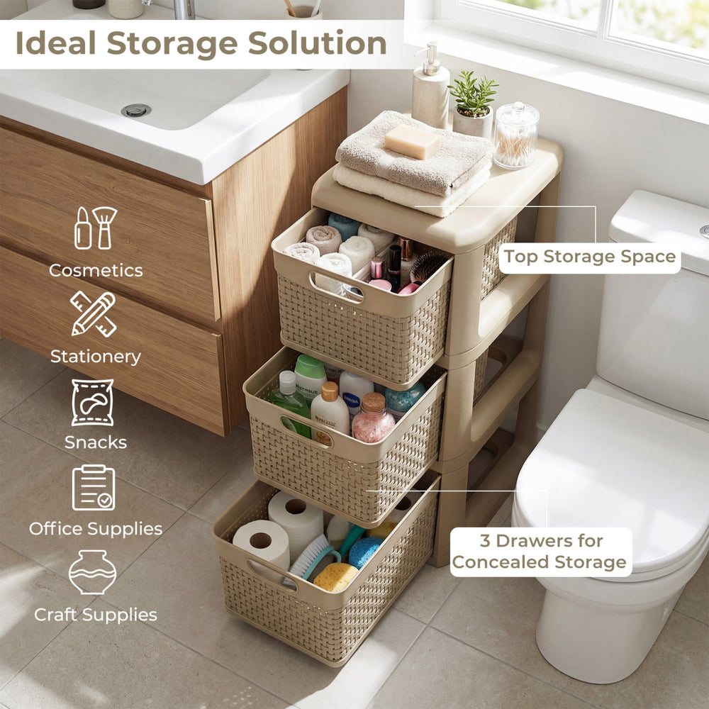Compact 3-drawer storage organizer in black with wicker patterns, designed for versatile storage of snacks and craft.