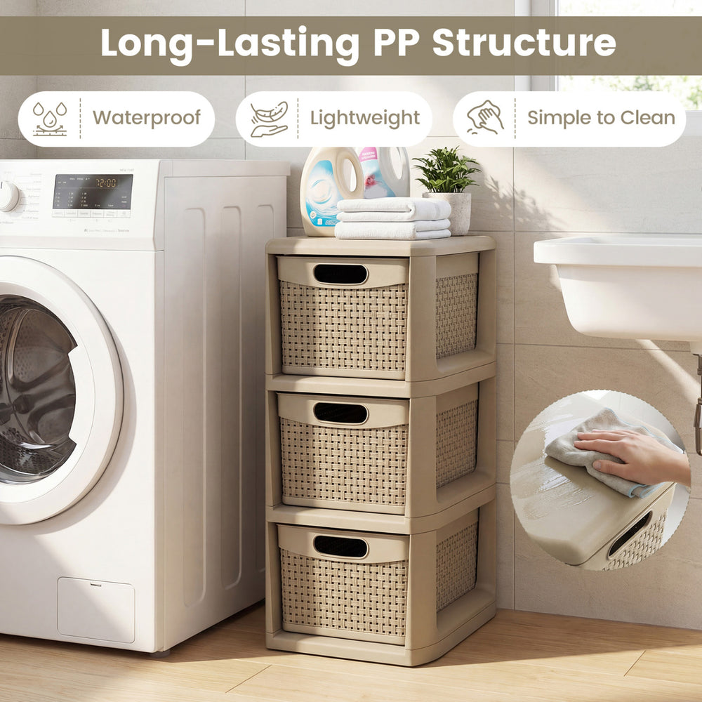 3-drawer storage organizer with wicker patterns in black, made of waterproof PP plastic, perfect for bathroom or.