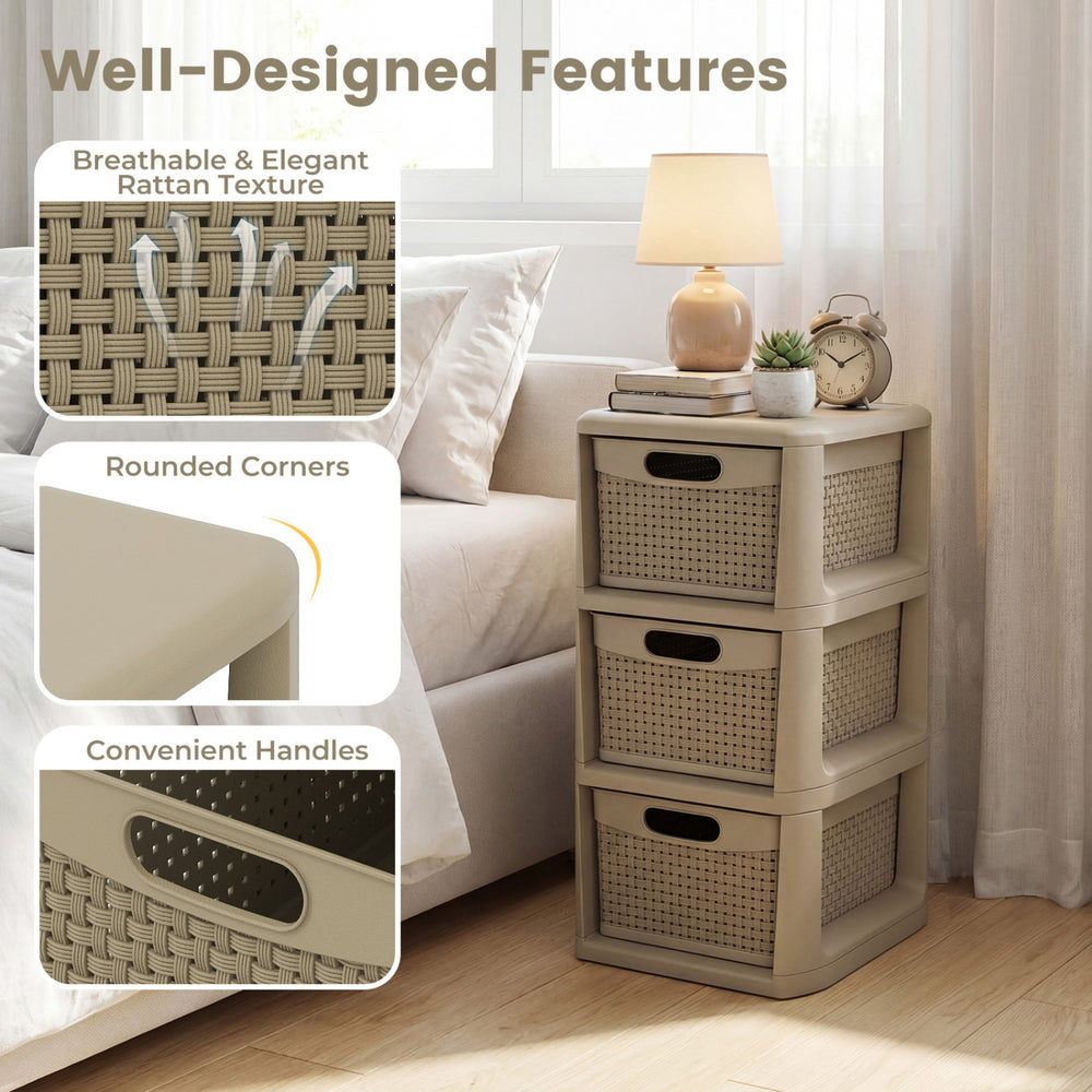 3-drawer storage organizer with wicker patterns in black, featuring rounded corners and convenient handles for.
