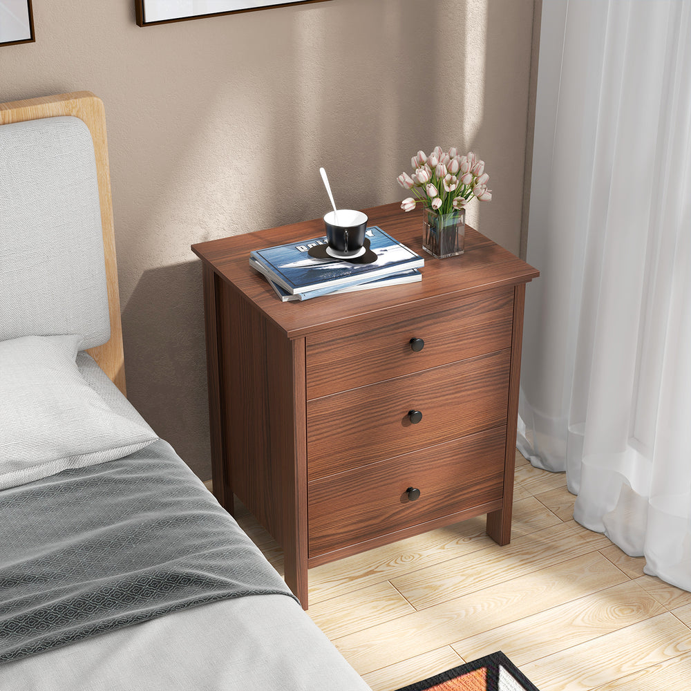 3-Drawer Wooden Nightstand Modern Bedside Table-Walnut - Gallery View 1 of 9