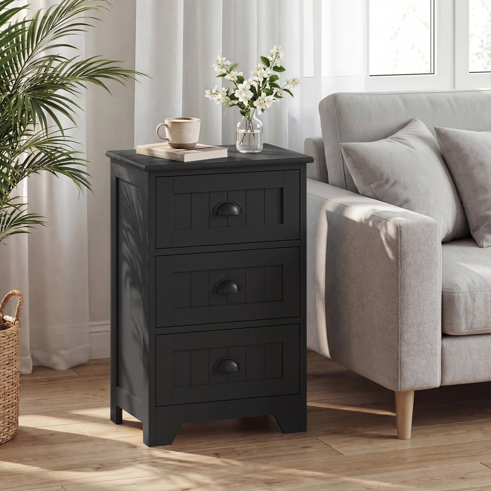3 Drawers End Storage Wood Side Nightstand-Black - Gallery View 1 of 8