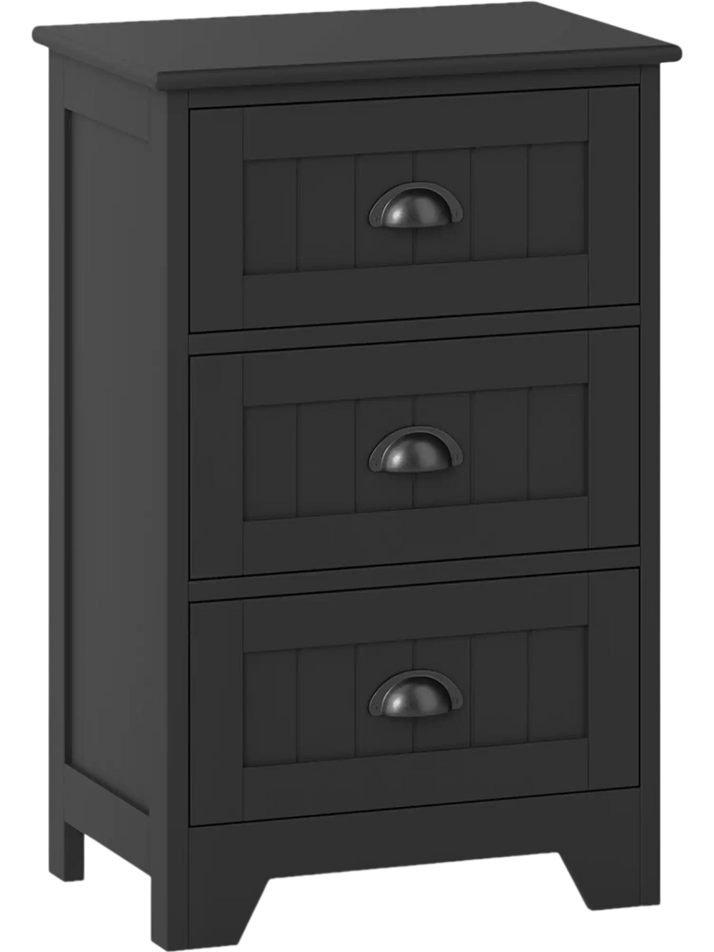 Black wood nightstand with three drawers and vintage handles, perfect for bedside storage and elegant room decor.
