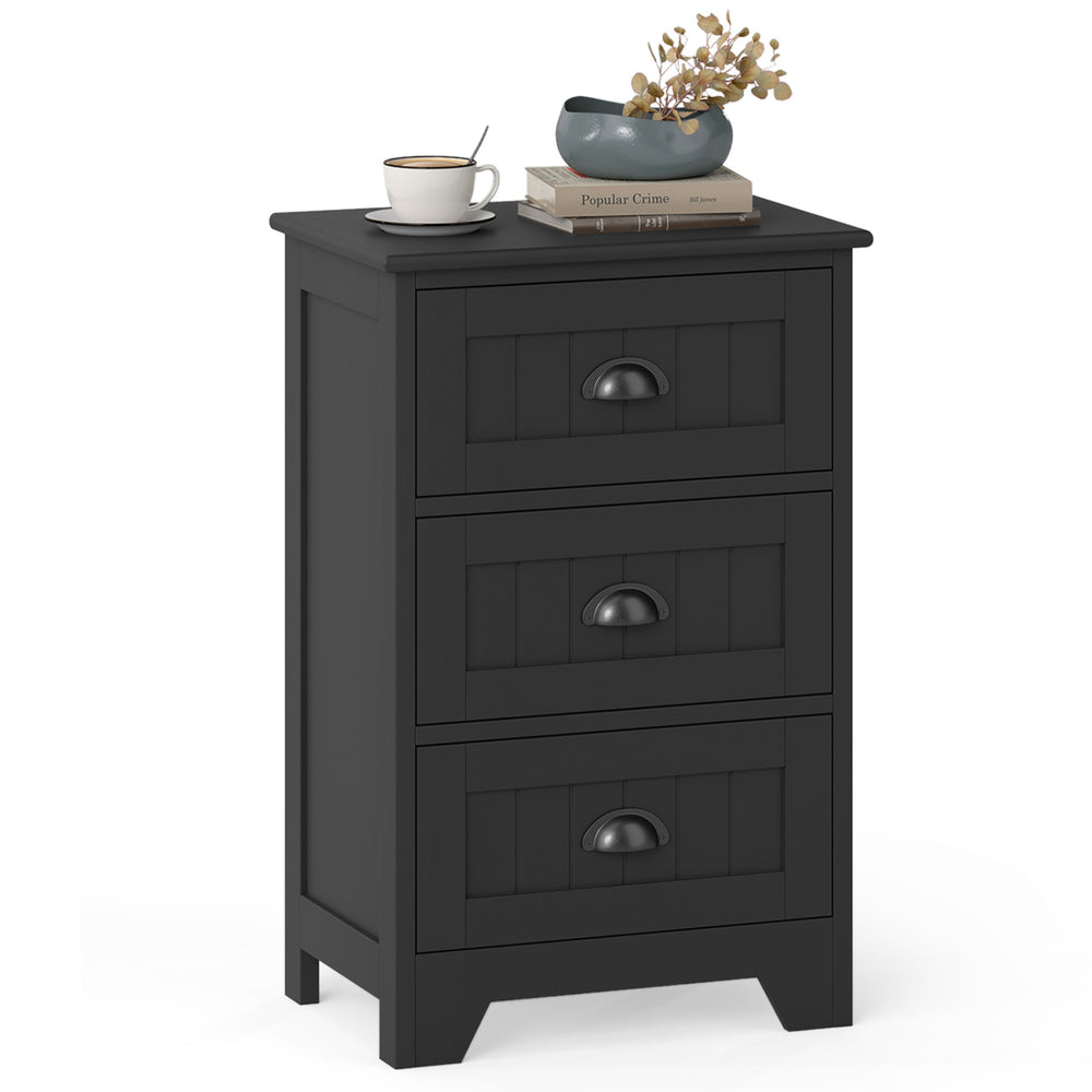Black 3-drawer wood nightstand with vintage handles, ideal for bedside storage in any room decor.