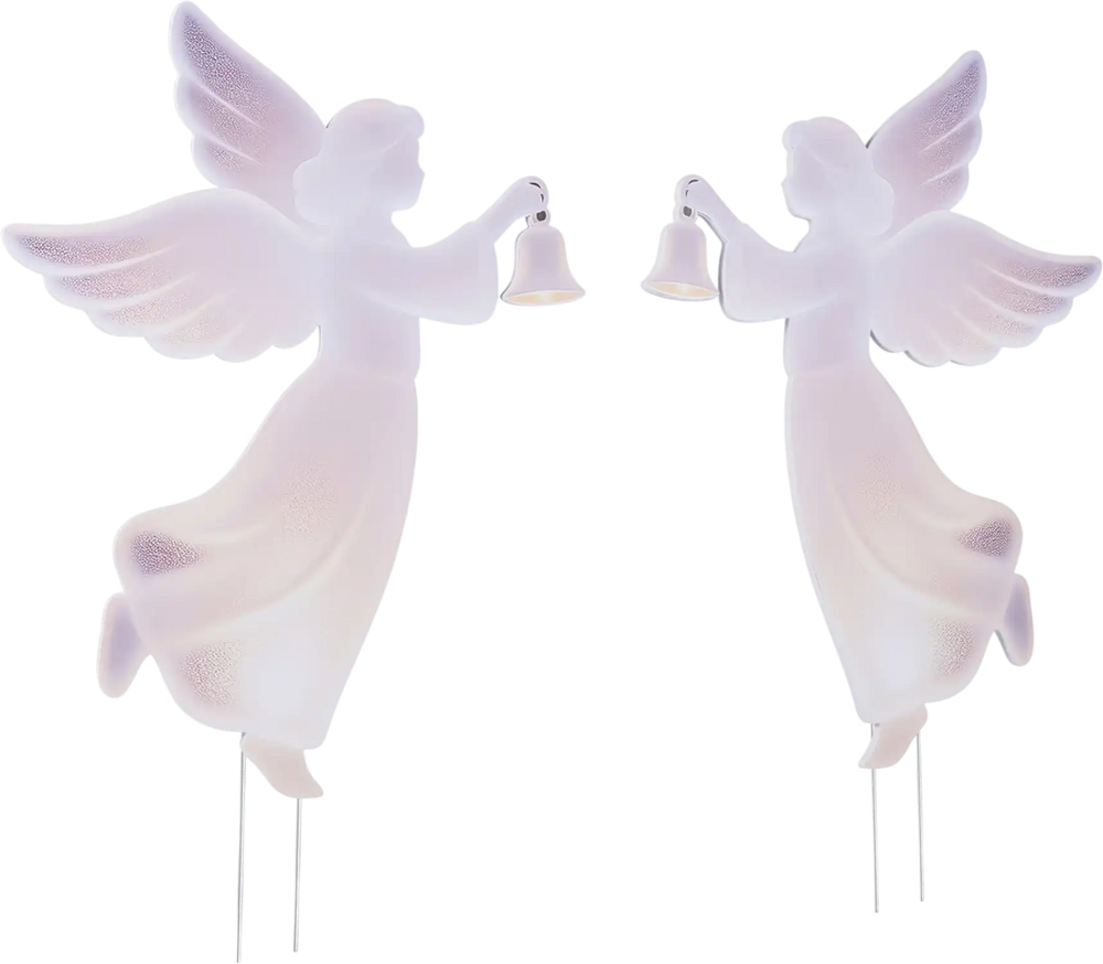 Set of 2 outdoor Christmas angel yard decorations with bells, made from waterproof PVC for garden or pathway display.
