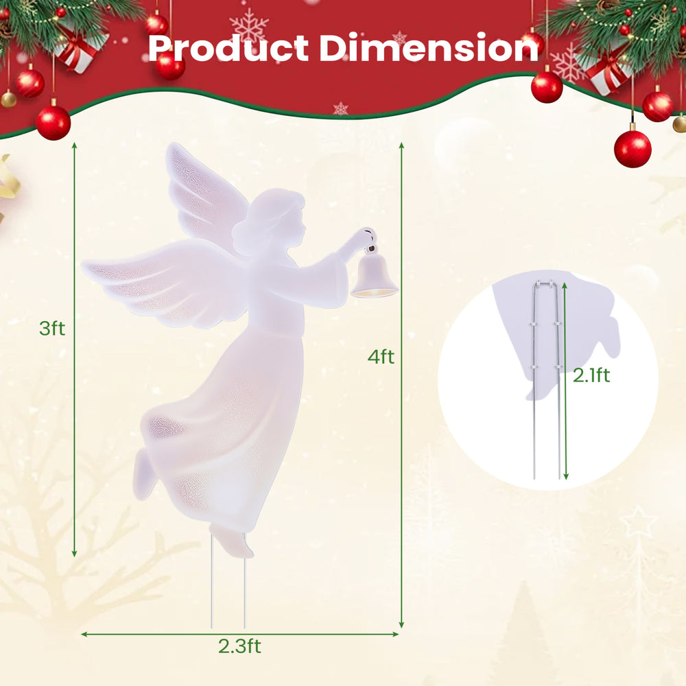 Elegant 3 FT outdoor Christmas angel yard decoration with handheld bell, waterproof PVC, and robust metal ground stakes.