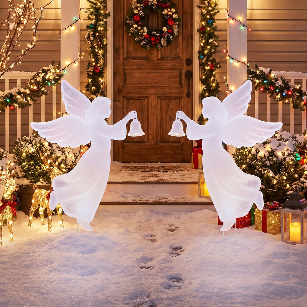 Set of 2 outdoor Christmas angel yard decorations, 3 FT tall, featuring bells and waterproof PVC for festive lawn display.