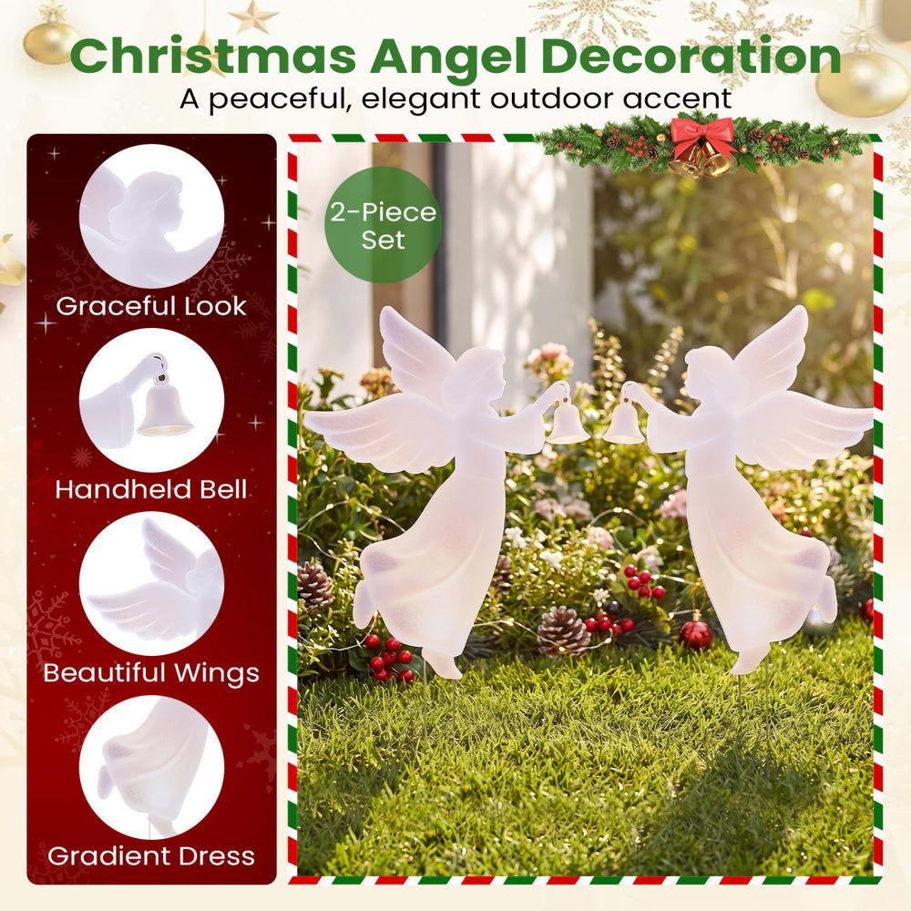 Set of 2 outdoor Christmas angel decorations with handheld bells and beautiful wings, ideal for lawn or garden display.