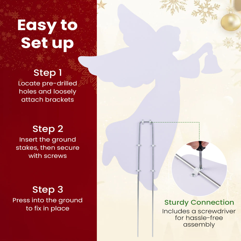 Elegant 3 FT outdoor Christmas angel yard decoration with handheld bells, sturdy metal stakes, and easy assembly.