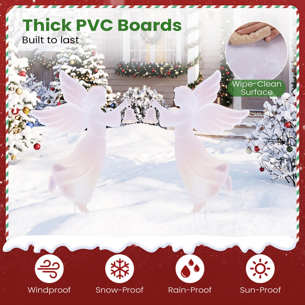 Set of 2 outdoor Christmas angel yard decorations made from thick PVC boards, featuring bells and robust metal stakes.