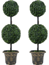 Set of 2, 3 FT artificial boxwood topiary trees with double ball design in black-golden planters for indoor or porch.