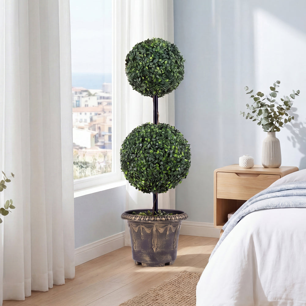 Double ball artificial boxwood topiary tree in a black-golden planter, perfect for indoor decor and low-maintenance.