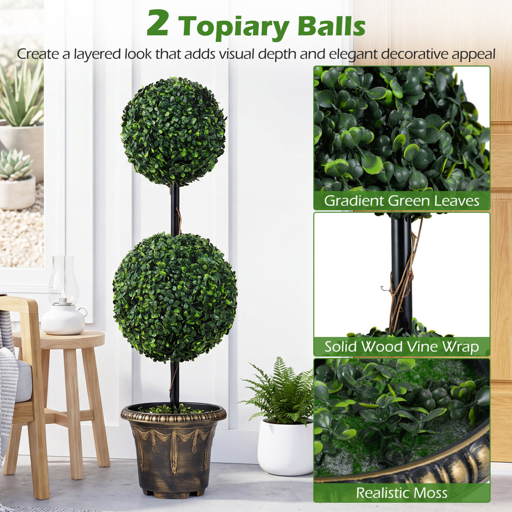 3 FT artificial boxwood topiary tree with double ball shrubs in a black-golden planter, perfect for indoor and porch.