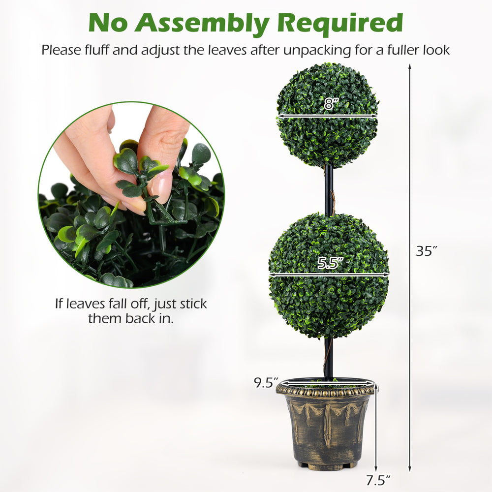 Artificial boxwood topiary tree with double ball design, 35 inches tall, perfect for indoor and porch decoration.