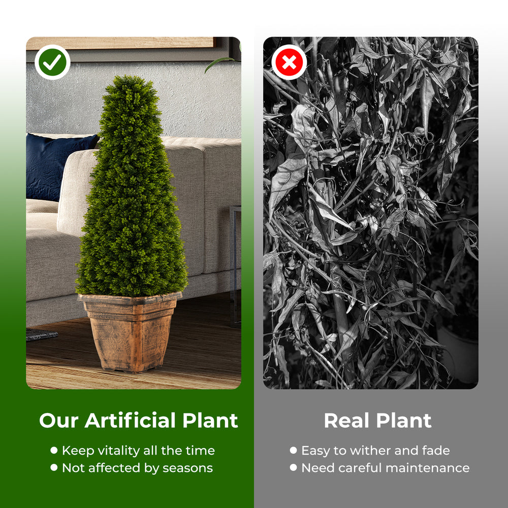 3 feet artificial boxwood topiary tree in a cement flowerpot, vibrant green leaves, perfect for indoor and outdoor.