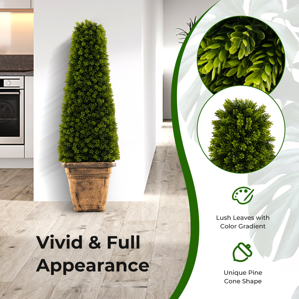 3 feet artificial boxwood topiary tree in a cement flowerpot, featuring lush green leaves and a unique cone shape for.