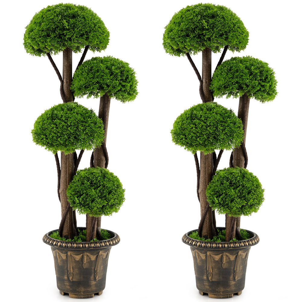 3 FT artificial cypress topiary tree with ball-shaped foliage and real wood trunks in a retro-style pot for.