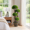 3 FT artificial cypress topiary tree with dense green foliage and real wood trunks in a retro-style pot for indoor.