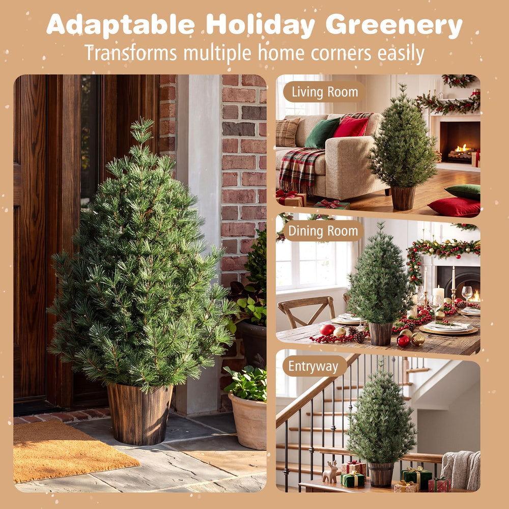 3 FT artificial potted Christmas tree with a vintage flowerpot, perfect for festive decoration in small spaces.