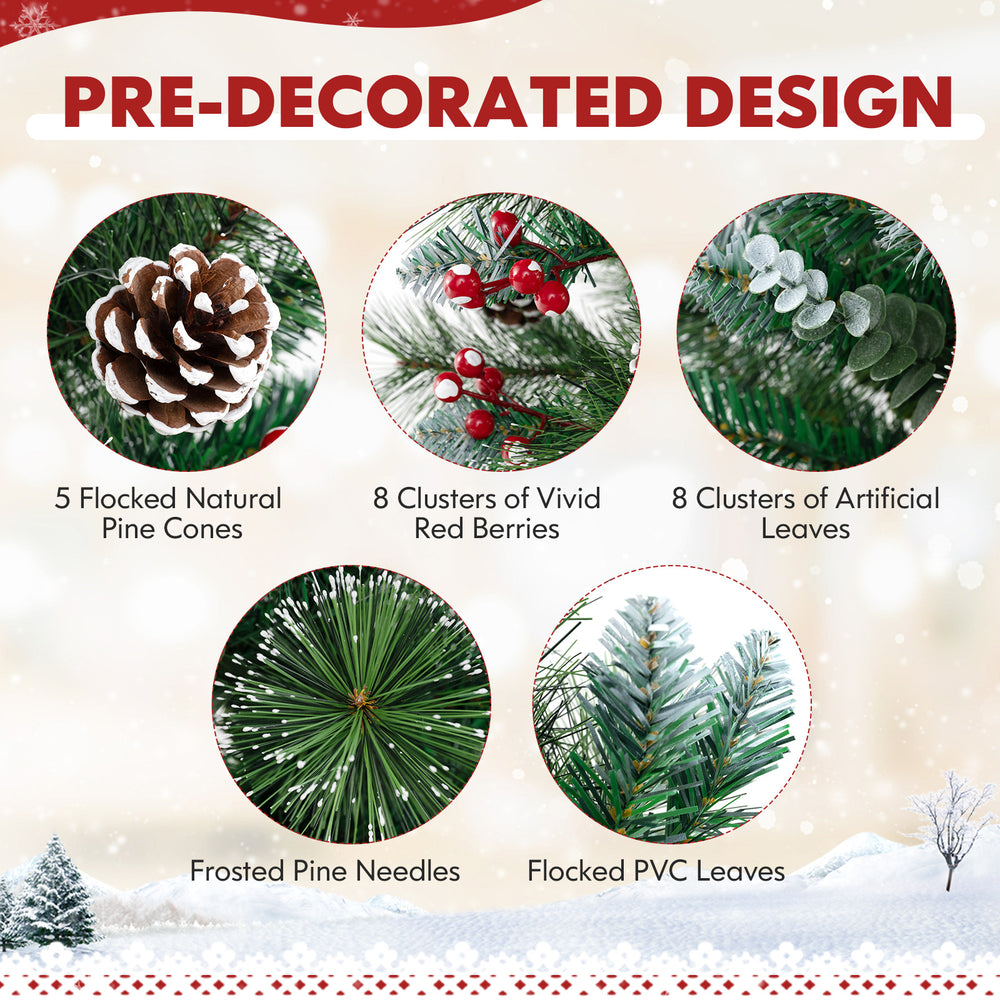 3 FT tabletop holiday decoration featuring frosted pine needles, red berries, and pre-strung warm-white LED lights.
