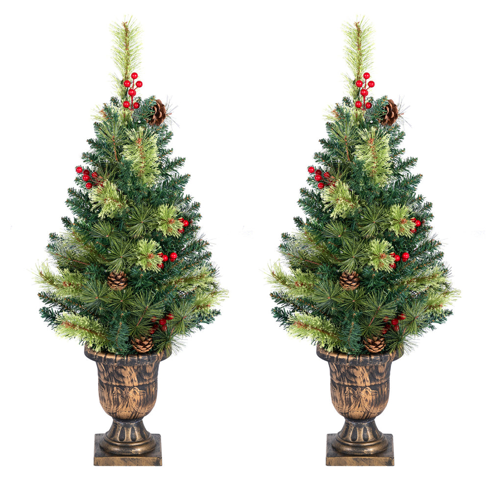 Pre-lit 3 FT artificial Christmas tree with 40 LED lights, red berries, pine cones, and gold urn base for festive decor.
