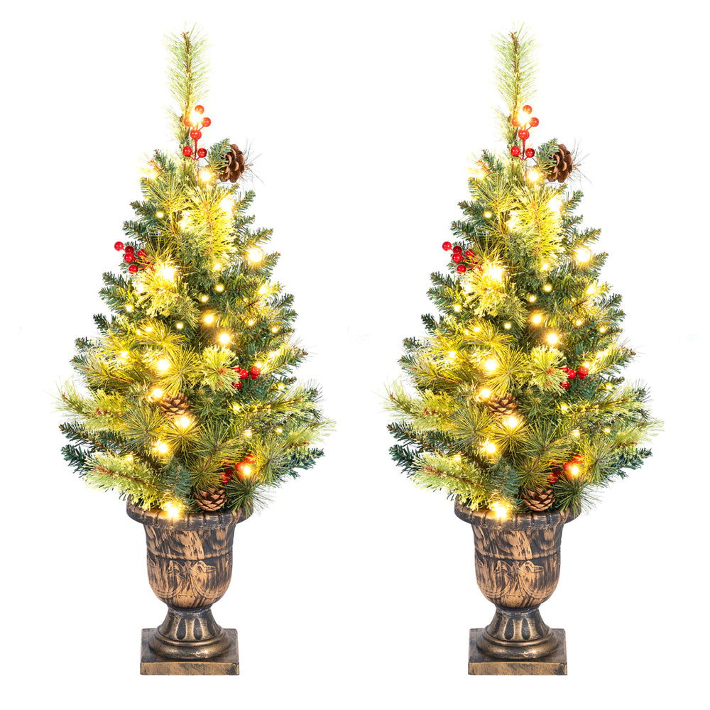 Pre-lit 3 FT artificial Christmas tree with 40 LED lights, red berries, pine cones, and a gold urn base for festive decor.