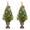 3 FT pre-lit tabletop Christmas tree with 40 LED lights, gold urn base, pine cones, and red berries for festive decor.