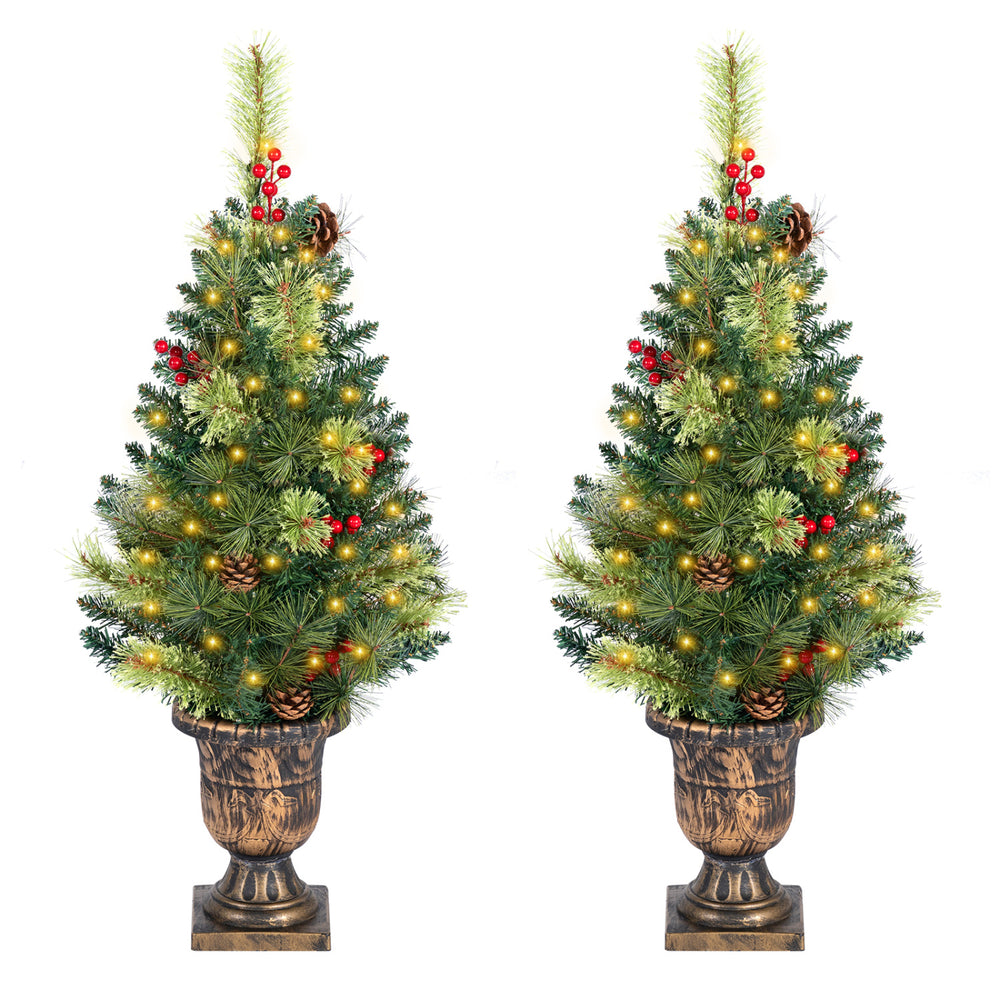 3 FT pre-lit tabletop Christmas tree with 40 LED lights, gold urn base, pine cones, and red berries for festive decor.