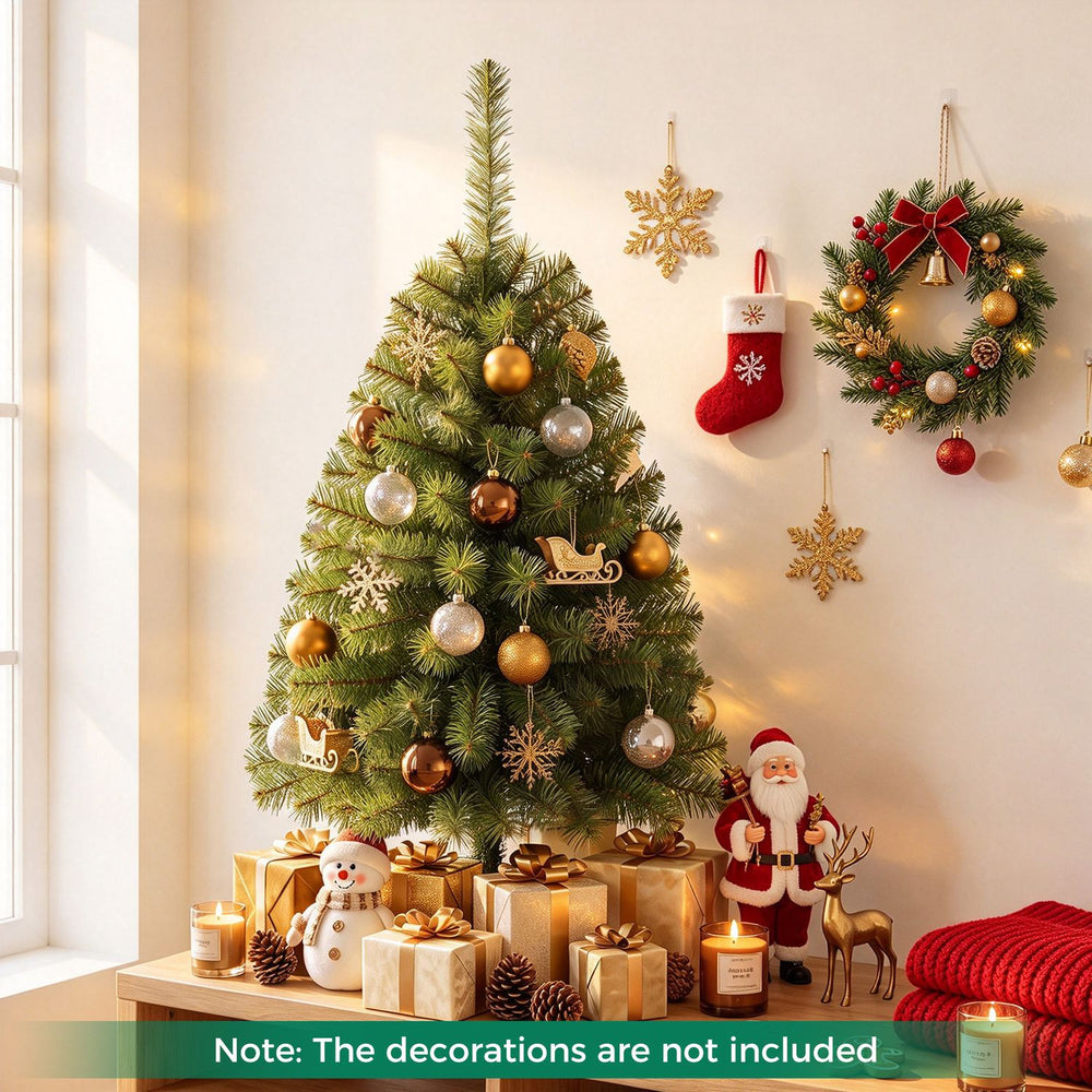 Decorated 3 FT Mini Tabletop Christmas Tree with 113 Green PVC Branch Tips brightens a small holiday space.