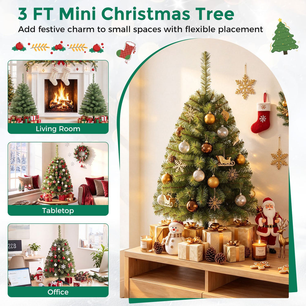 Mini tabletop Christmas tree with 113 green PVC branch tips displayed with holiday ornaments in a cozy room.