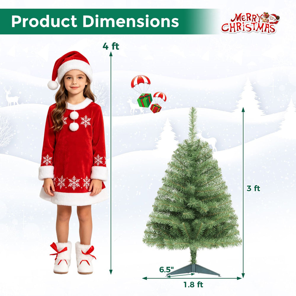3 ft mini tabletop Christmas tree with 113 green PVC branch tips, shown beside a child for size reference.