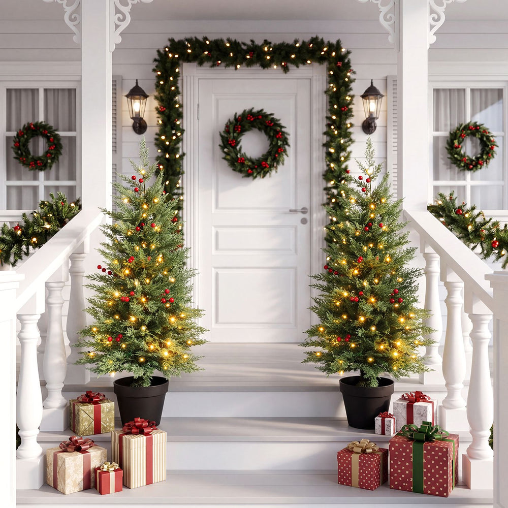 Two 3 FT pre-lit potted Christmas trees with LED lights and red berry clusters, perfect for festive porch decorations.