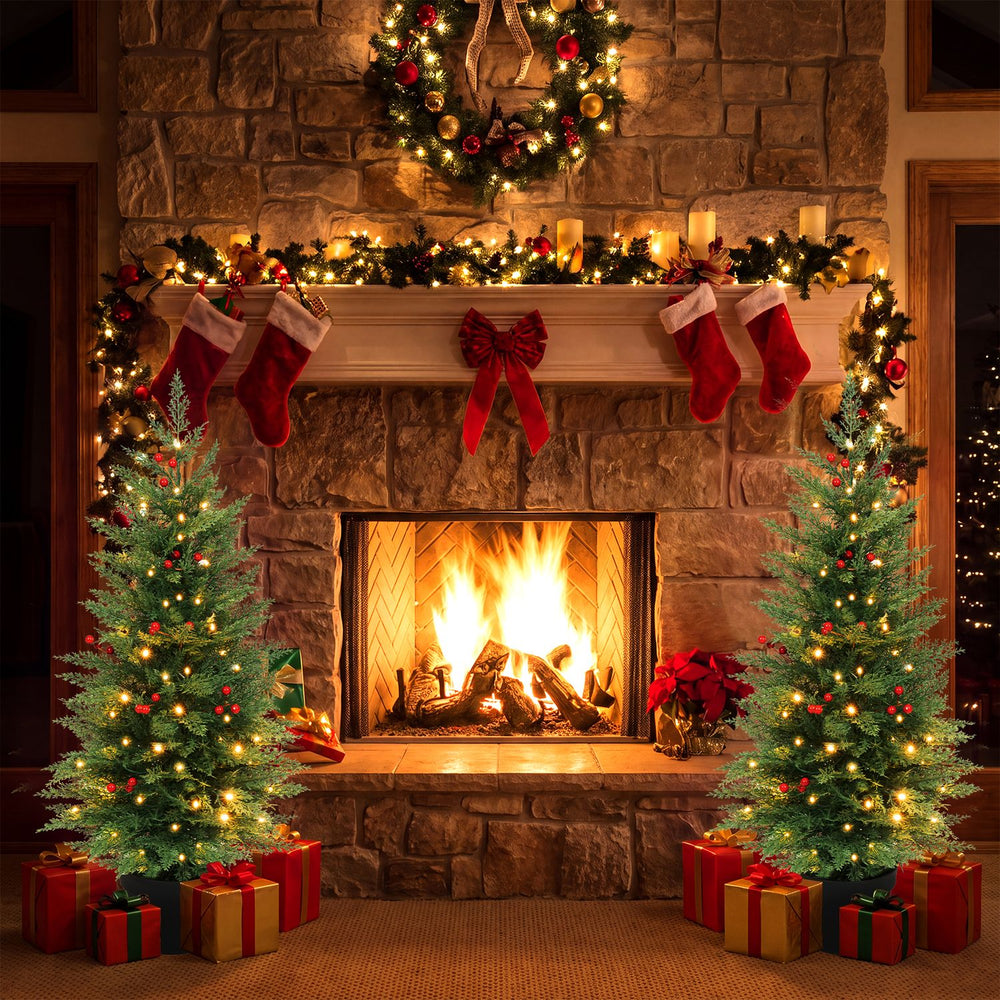 Two 3 FT pre-lit potted Christmas trees with 90 branch tips and 50 LED lights, perfect for festive holiday displays.