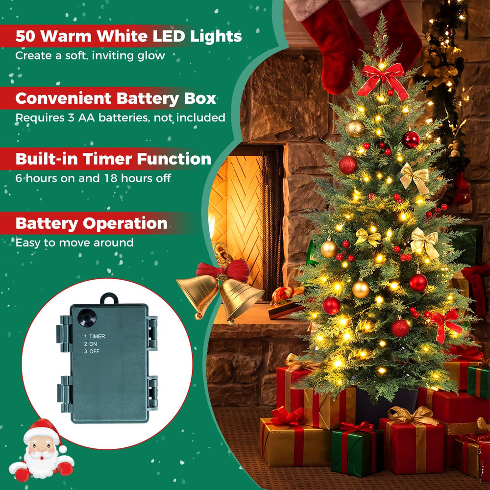 Set of 2 pre-lit potted Christmas trees with 50 LED lights, 90 branch tips, and convenient battery operation for festive decor.
