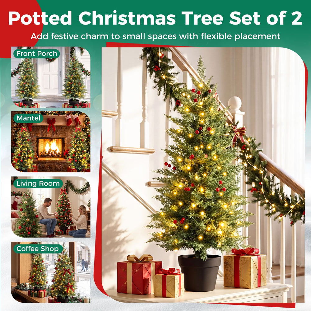 3 FT pre-lit potted Christmas tree set of 2 with 90 branch tips and 50 LED lights, perfect for festive small space decor.