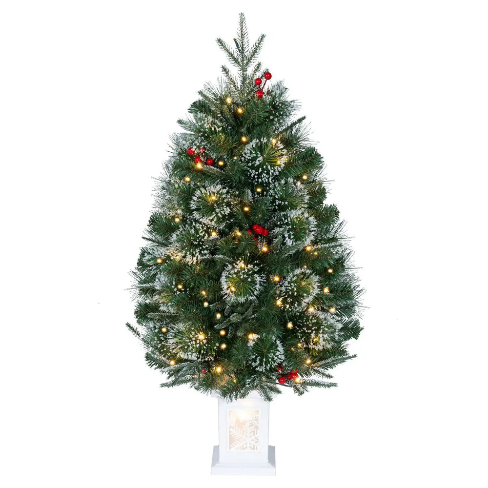 3 FT pre-lit potted Christmas tree with 80 warm white LED lights, featuring red berries and 129 branch tips for a festive look.