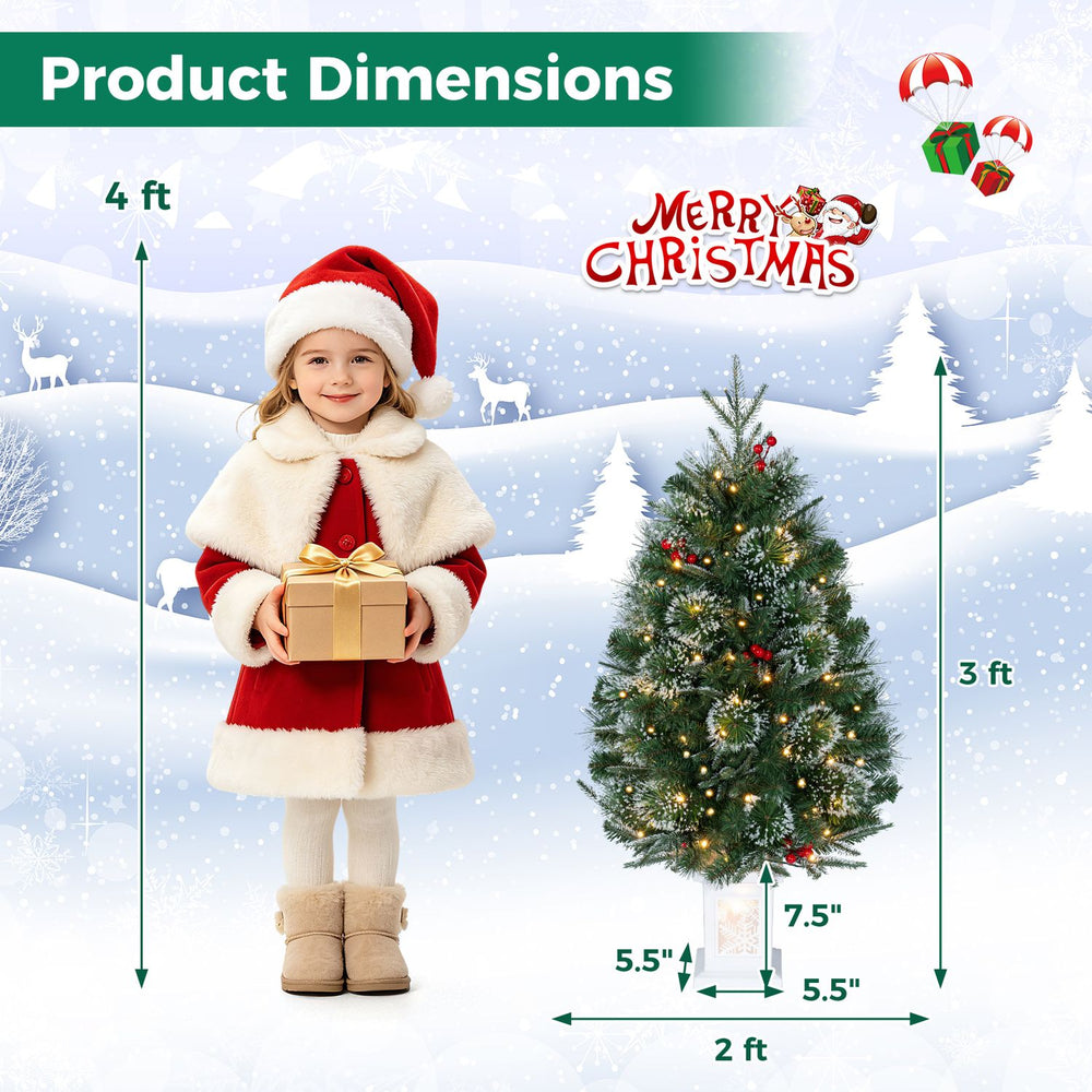 Dimensions of the 3 FT pre-lit potted Christmas tree with 80 warm white LED lights, ideal for festive holiday displays.